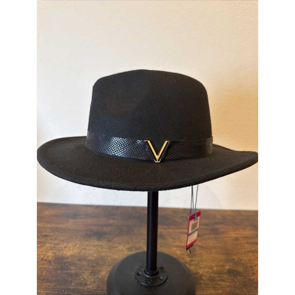 Vince Camuto Black Cowboy Hat Western Felt Gold V Logo Adjustable OS NWT